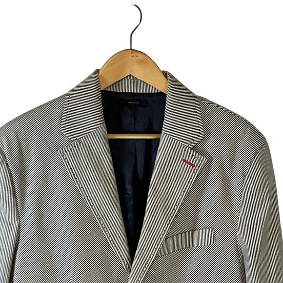 Marc Ecko Black Pinstriped Single Breast Lined Blazer Jacket Mens Large - Picture 2 of 16